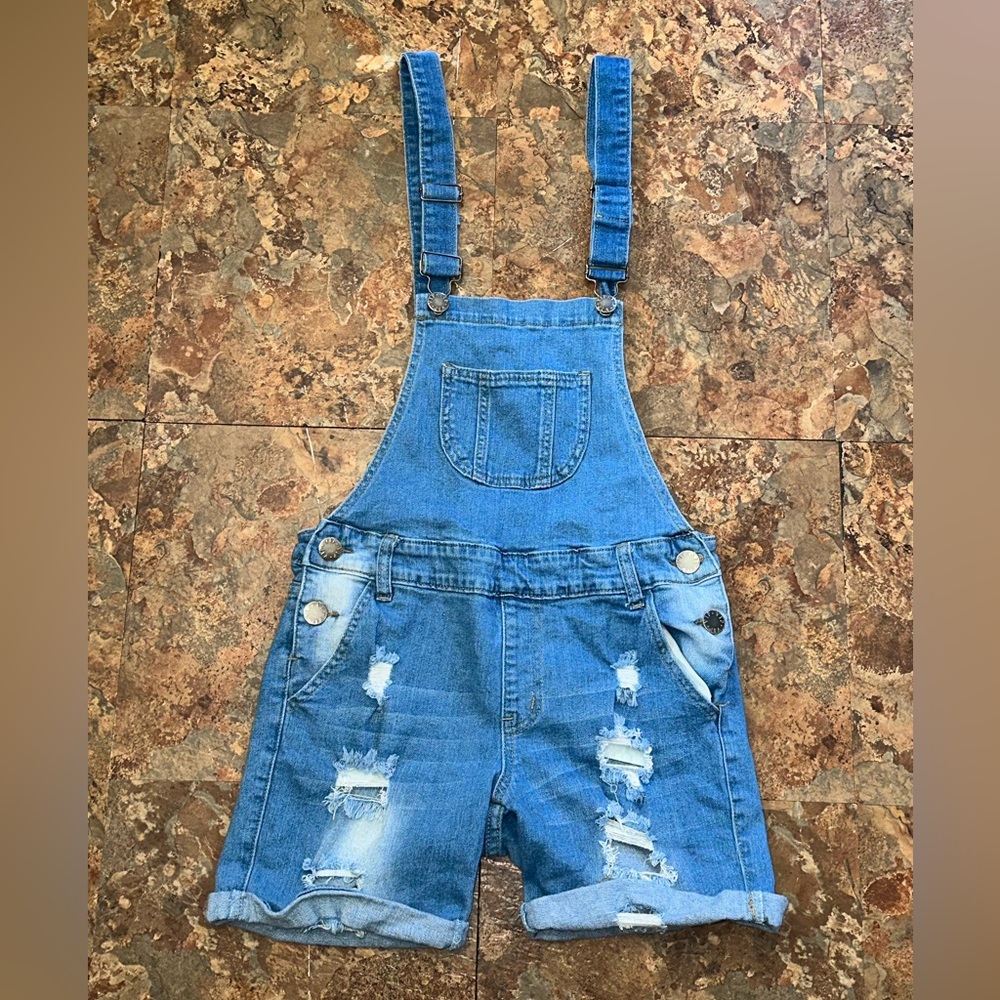 VIP Jeans Blue Distressed Jean Denim Overall Shorts Size 7/8